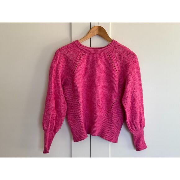 SAKS FIFTH AVENUE Cotton Wool Blend Hot Pink Sweater Puff Sleeve Cropped Size M - Picture 1 of 11